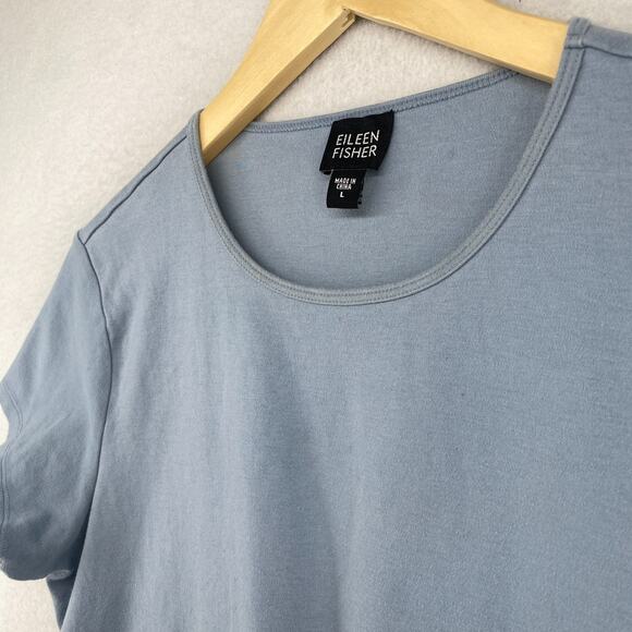 EILEEN FISHER Top L Cotton Interlock Jersey Crewneck Short Sleeve Sea Spray Blue - Picture 4 of 13